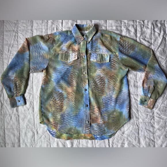 Vintage Opal by Lorraine Wardy Sheer Green Blue & Yellow Artsy Button Down - Med - Picture 1 of 12